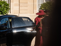 Queen Mathilde of the Belgians gets out of the car in the Elysee court during a state visit to France, where President Emmanuel Macron and F...