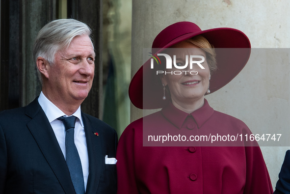 King Phillip and Queen Mathilde of the Belgians visit the Elysee Palace on the occasion of a state visit to France. They are welcomed by Pre...