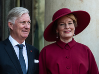 King Phillip and Queen Mathilde of the Belgians visit the Elysee Palace on the occasion of a state visit to France. They are welcomed by Pre...