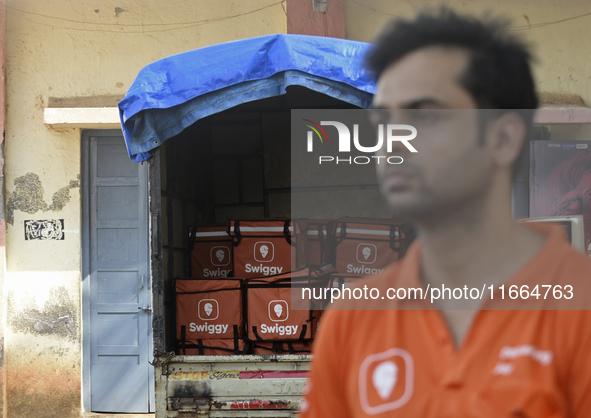 A Swiggy delivery box is seen in a mini truck in Mumbai, India, on October 14, 2024. IPO-bound Swiggy launches an XL fleet to cater to bulk...