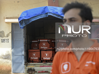 A Swiggy delivery box is seen in a mini truck in Mumbai, India, on October 14, 2024. IPO-bound Swiggy launches an XL fleet to cater to bulk...