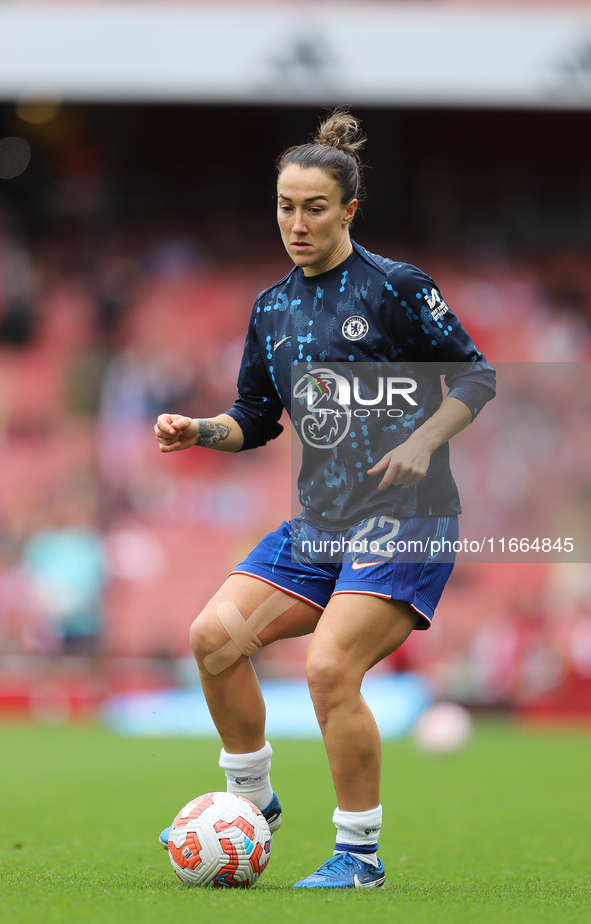 Lucy Bronze of Chelsea warms up before the Barclays FA Women's Super League match between Arsenal and Chelsea at the Emirates Stadium in Lon...