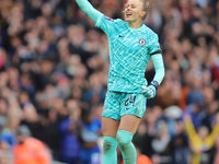 Chelsea goalkeeper Hannah Hampton celebrates in front of the Arsenal fans after the Barclays FA Women's Super League match between Arsenal a...