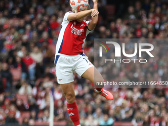 Arsenal's Katie McCabe jumps for the ball during the Barclays FA Women's Super League match between Arsenal and Chelsea at the Emirates Stad...