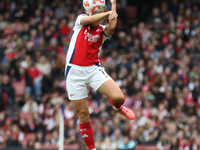 Arsenal's Katie McCabe jumps for the ball during the Barclays FA Women's Super League match between Arsenal and Chelsea at the Emirates Stad...