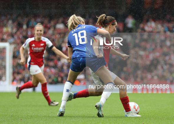 Chelsea's Lucy Bronze tackles Arsenal's Mariona Caldentey during the Barclays FA Women's Super League match between Arsenal and Chelsea at t...