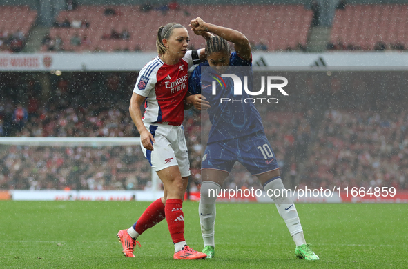 Katie McCabe and Lauren James get close during the Barclays FA Women's Super League match between Arsenal and Chelsea at the Emirates Stadiu...