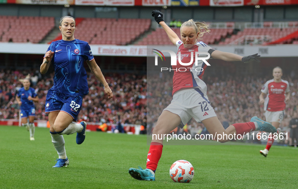 Chelsea's Lucy Bronze runs to stop Arsenal's Frida Maanum from putting the ball in during the Barclays FA Women's Super League match between...