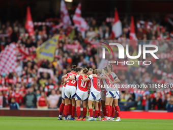 Arsenal huddle before the Barclays FA Women's Super League match between Arsenal and Chelsea at the Emirates Stadium in London, England, on...