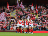 Arsenal huddle before the Barclays FA Women's Super League match between Arsenal and Chelsea at the Emirates Stadium in London, England, on...