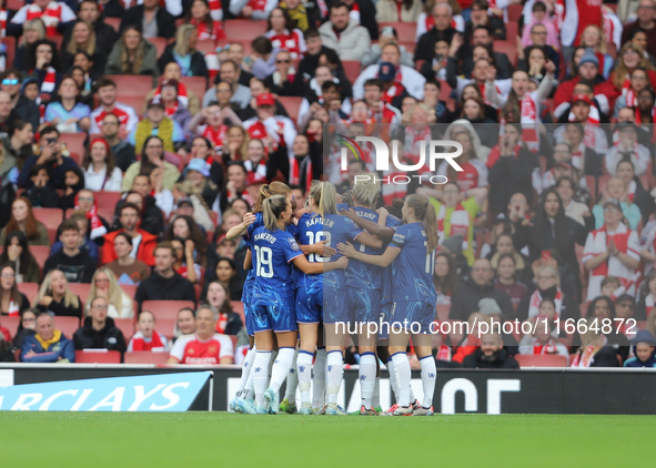 Chelsea huddle before the second half kickoff during the Barclays FA Women's Super League match between Arsenal and Chelsea at the Emirates...