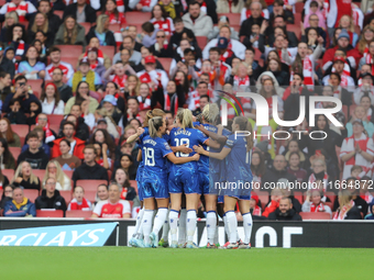 Chelsea huddle before the second half kickoff during the Barclays FA Women's Super League match between Arsenal and Chelsea at the Emirates...