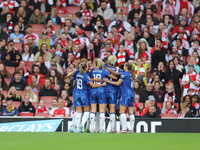 Chelsea huddle before the second half kickoff during the Barclays FA Women's Super League match between Arsenal and Chelsea at the Emirates...