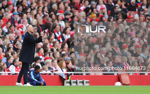 Arsenal Manager Jonas Eidevall is under pressure during the Barclays FA Women's Super League match between Arsenal and Chelsea at the Emirat...