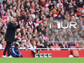 Arsenal Manager Jonas Eidevall is under pressure during the Barclays FA Women's Super League match between Arsenal and Chelsea at the Emirat...