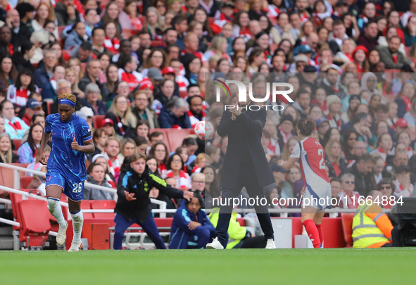 Arsenal Manager Jonas Eidevall is under pressure during the Barclays FA Women's Super League match between Arsenal and Chelsea at the Emirat...