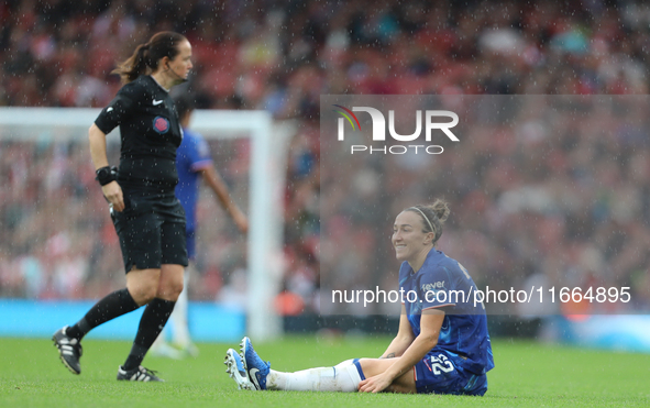 Lucy Bronze goes down during the Barclays FA Women's Super League match between Arsenal and Chelsea at the Emirates Stadium in London, Engla...