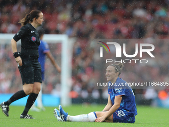 Lucy Bronze goes down during the Barclays FA Women's Super League match between Arsenal and Chelsea at the Emirates Stadium in London, Engla...