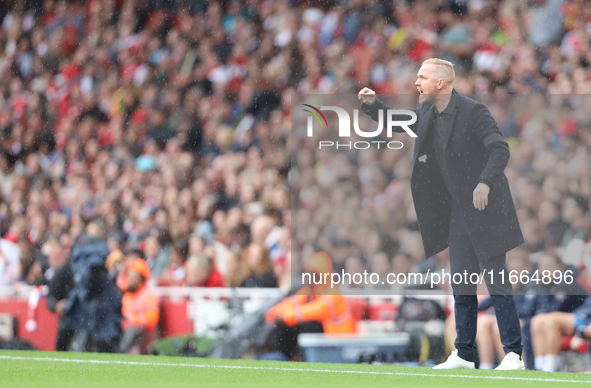 Arsenal Manager Jonas Eidevall is under pressure during the Barclays FA Women's Super League match between Arsenal and Chelsea at the Emirat...