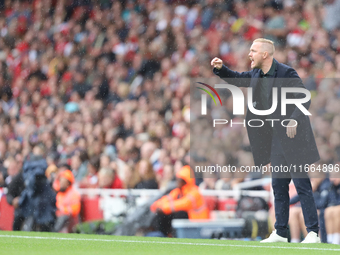 Arsenal Manager Jonas Eidevall is under pressure during the Barclays FA Women's Super League match between Arsenal and Chelsea at the Emirat...