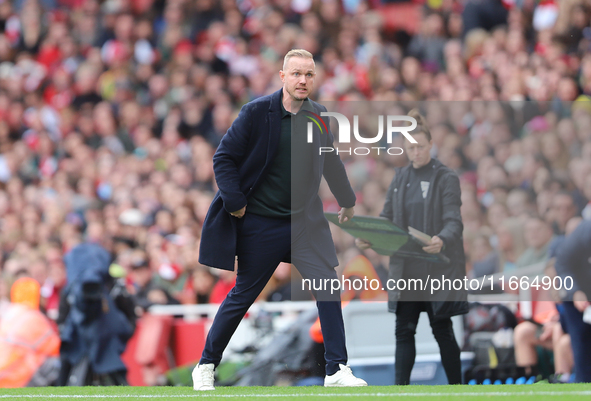 Arsenal Manager Jonas Eidevall is under pressure during the Barclays FA Women's Super League match between Arsenal and Chelsea at the Emirat...