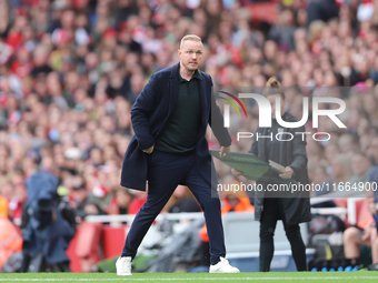 Arsenal Manager Jonas Eidevall is under pressure during the Barclays FA Women's Super League match between Arsenal and Chelsea at the Emirat...