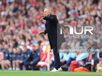 Arsenal Manager Jonas Eidevall is under pressure during the Barclays FA Women's Super League match between Arsenal and Chelsea at the Emirat...