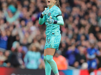 Chelsea goalkeeper Hannah Hampton celebrates in front of the Arsenal fans after the Barclays FA Women's Super League match between Arsenal a...