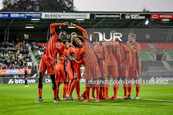 Netherlands players Emmanuel Emegha and Gjivaj Zechiel celebrate a goal during the Netherlands U21 vs. Sweden U21 match at the Goffertstadio...