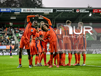 Netherlands players Emmanuel Emegha and Gjivaj Zechiel celebrate a goal during the Netherlands U21 vs. Sweden U21 match at the Goffertstadio...