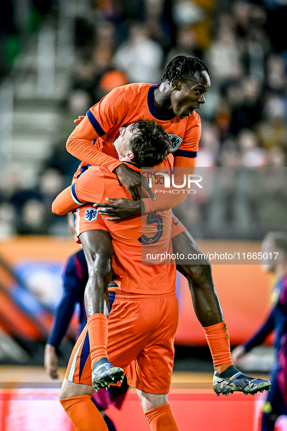 Netherlands players Rav van den Berg and Emmanuel Emegha celebrate the 2-0 goal during the Netherlands U21 vs. Sweden U21 match at the Goffe...