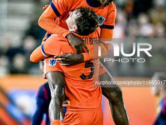 Netherlands players Rav van den Berg and Emmanuel Emegha celebrate the 2-0 goal during the Netherlands U21 vs. Sweden U21 match at the Goffe...