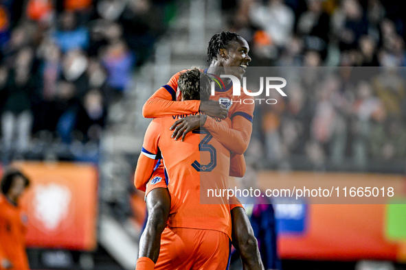 Netherlands players Rav van den Berg and Emmanuel Emegha celebrate the 2-0 goal during the Netherlands U21 vs. Sweden U21 match at the Goffe...