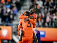 Netherlands players Rav van den Berg and Emmanuel Emegha celebrate the 2-0 goal during the Netherlands U21 vs. Sweden U21 match at the Goffe...