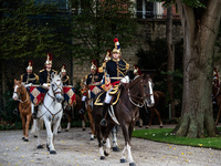 The garden of the Hotel de Matignon welcomes the Belgian sovereigns, King Philippe and Queen Mathilde, who are greeted by Premier Michel Bar...