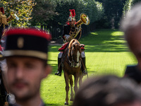 The garden of the Hotel de Matignon welcomes the Belgian sovereigns, King Philippe and Queen Mathilde, who are greeted by Premier Michel Bar...