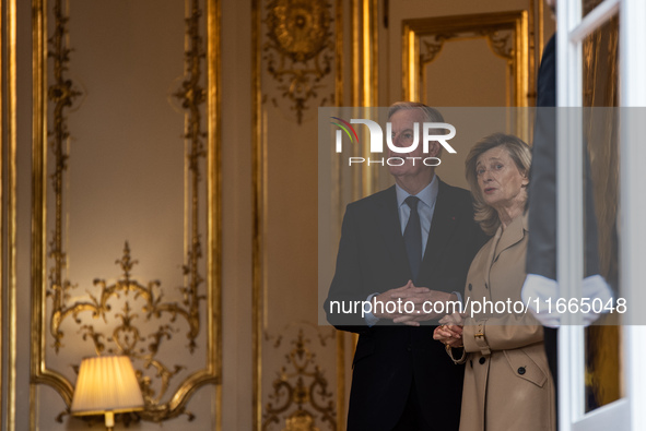 French Prime Minister Michel Barnier and his wife Isabelle Altamayer welcome King Philippe of the Belgians and Queen Mathilde at the Hotel d...