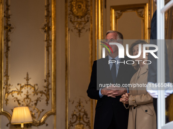 French Prime Minister Michel Barnier and his wife Isabelle Altamayer welcome King Philippe of the Belgians and Queen Mathilde at the Hotel d...