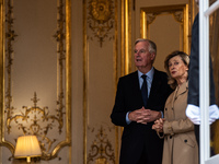 French Prime Minister Michel Barnier and his wife Isabelle Altamayer welcome King Philippe of the Belgians and Queen Mathilde at the Hotel d...