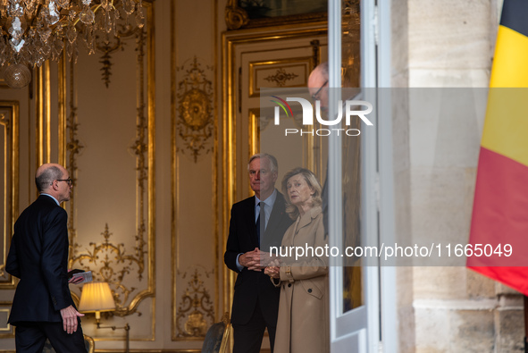 French Prime Minister Michel Barnier and his wife Isabelle Altamayer welcome King Philippe of the Belgians and Queen Mathilde at the Hotel d...