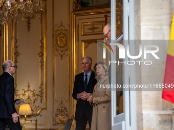 French Prime Minister Michel Barnier and his wife Isabelle Altamayer welcome King Philippe of the Belgians and Queen Mathilde at the Hotel d...