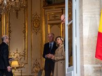 French Prime Minister Michel Barnier and his wife Isabelle Altamayer welcome King Philippe of the Belgians and Queen Mathilde at the Hotel d...