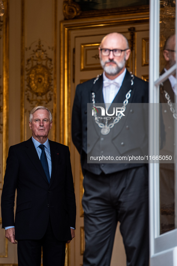 French Prime Minister Michel Barnier and his wife Isabelle Altamayer welcome King Philippe of the Belgians and Queen Mathilde at the Hotel d...