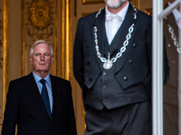 French Prime Minister Michel Barnier and his wife Isabelle Altamayer welcome King Philippe of the Belgians and Queen Mathilde at the Hotel d...