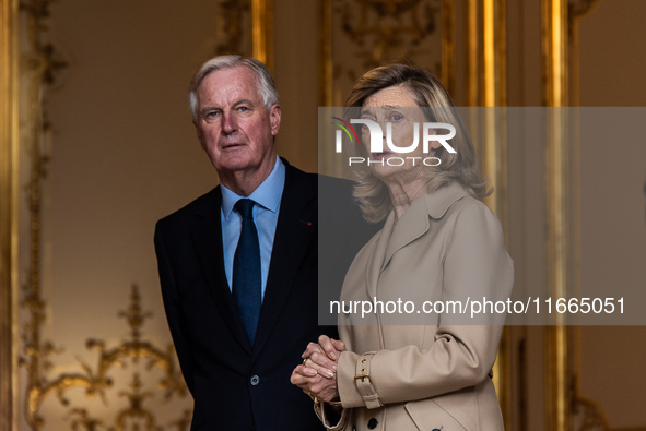 French Prime Minister Michel Barnier and his wife Isabelle Altamayer welcome King Philippe of the Belgians and Queen Mathilde at the Hotel d...