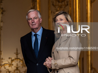 French Prime Minister Michel Barnier and his wife Isabelle Altamayer welcome King Philippe of the Belgians and Queen Mathilde at the Hotel d...