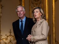 French Prime Minister Michel Barnier and his wife Isabelle Altamayer welcome King Philippe of the Belgians and Queen Mathilde at the Hotel d...