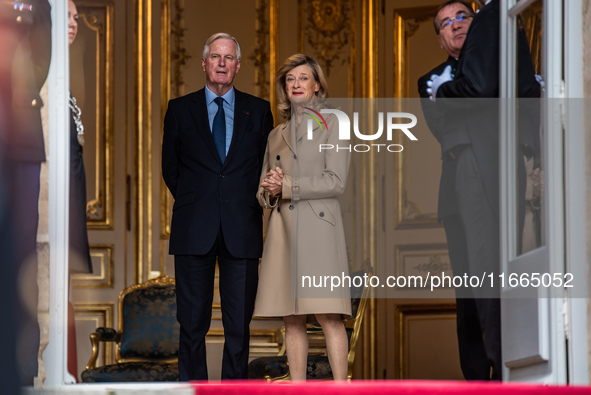 French Prime Minister Michel Barnier and his wife Isabelle Altamayer welcome King Philippe of the Belgians and Queen Mathilde at the Hotel d...