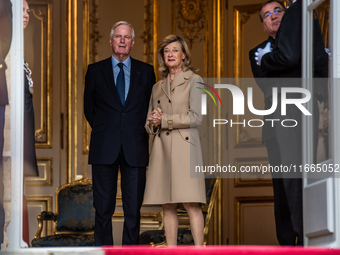 French Prime Minister Michel Barnier and his wife Isabelle Altamayer welcome King Philippe of the Belgians and Queen Mathilde at the Hotel d...