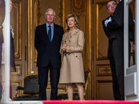 French Prime Minister Michel Barnier and his wife Isabelle Altamayer welcome King Philippe of the Belgians and Queen Mathilde at the Hotel d...